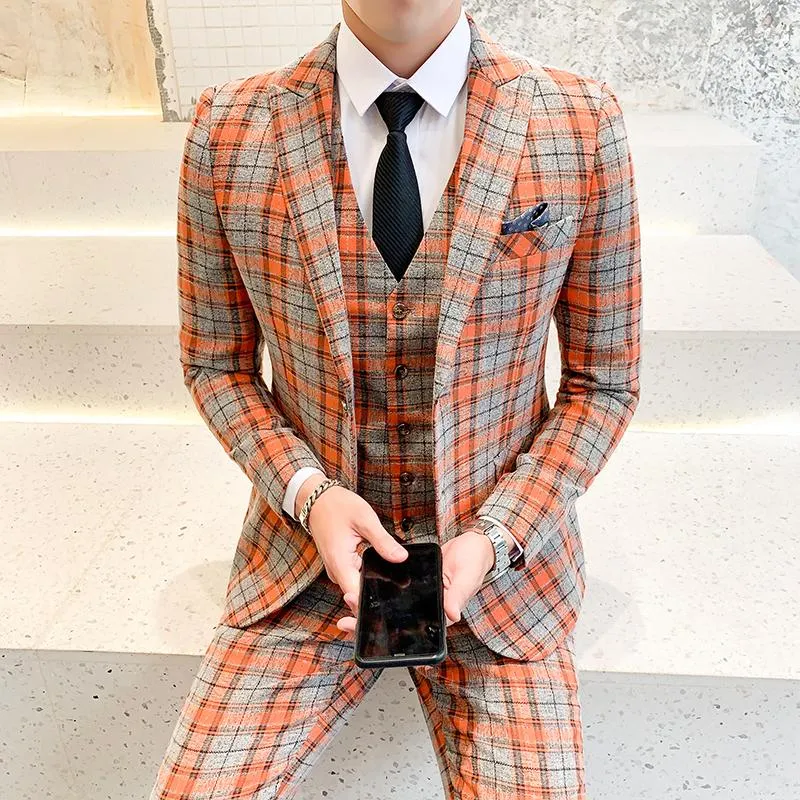 Men's Suits 2022 Men Plaid Fashion Check Business Formal Traje De Boda Mens Designers Tuxedo Groom Dress Wedding