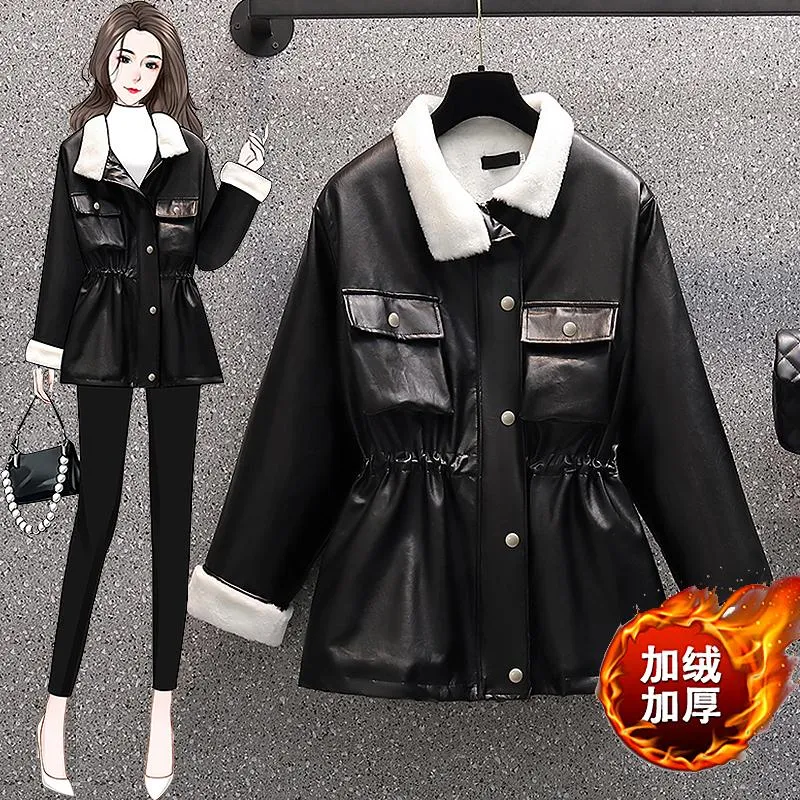 Women's Leather Plus Size Coat Female Autumn Winter Fashion Black PU Shiny Jacket For Women Velvet Abbigliamento