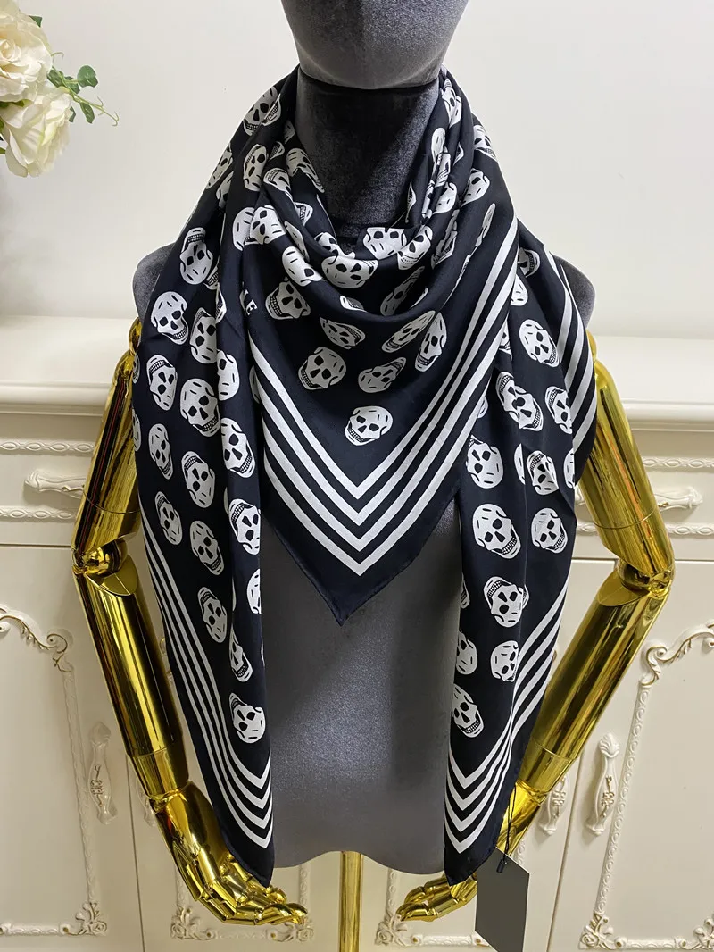 Écharpe carrée pour femmes, 100% soie sergé, motif de lettres imprimées, noir et blanc, belles écharpes, châle, taille 120cm -120cm