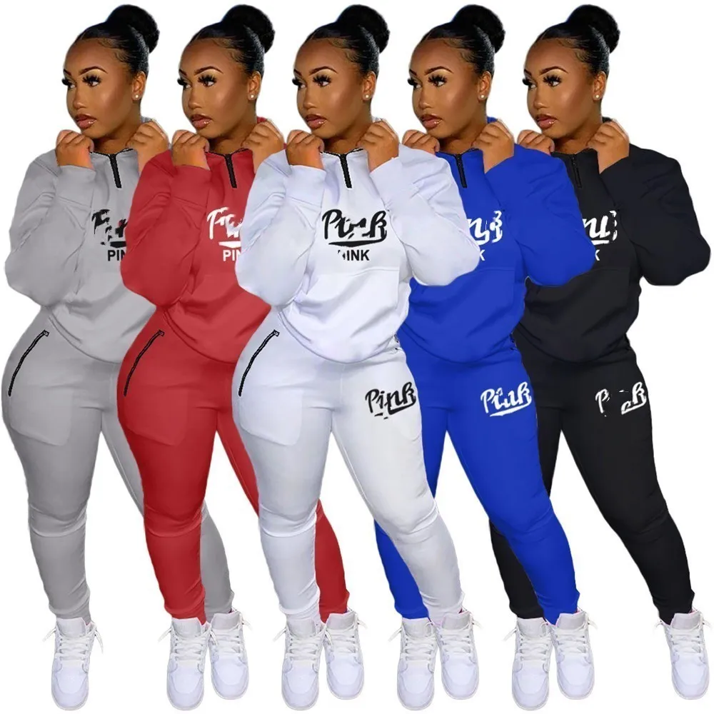 2024 Designer Brand Femmes Survêtements Costumes de jogging Sweat-shirt Pantalon imprimé rose Deux pièces Ensemble à manches longues Col montant Sweatsuits Sport Outfit Casual Vêtements 8900-6