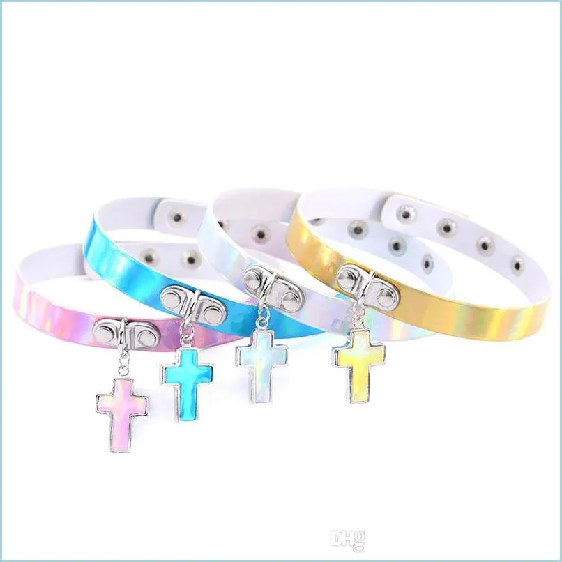 Chokers Laser Rainbow Leather Choker Halsband krage med Jesus Cross Pendant Women Fashion Slave Hip Hop Jewelry Will och Sandy Dr Dhrgk