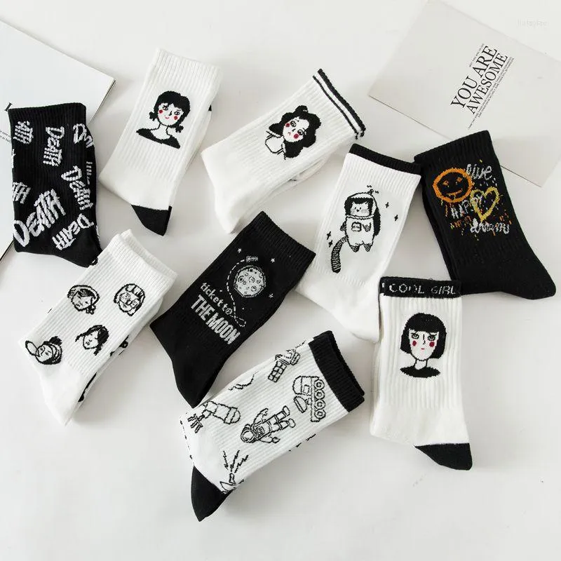 Women Socks 2022 Black and White Sports Cotton Cute Winter Cartoon Creative Novelty Illustration Long Tube