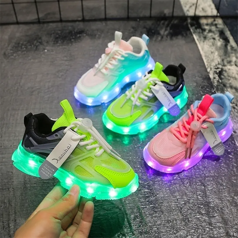 Sneakers Children Led Shoes Boys Girls Lighted USB Charger Glowing Mesh Breathable Colorful Lighting Luminous Sole 221109