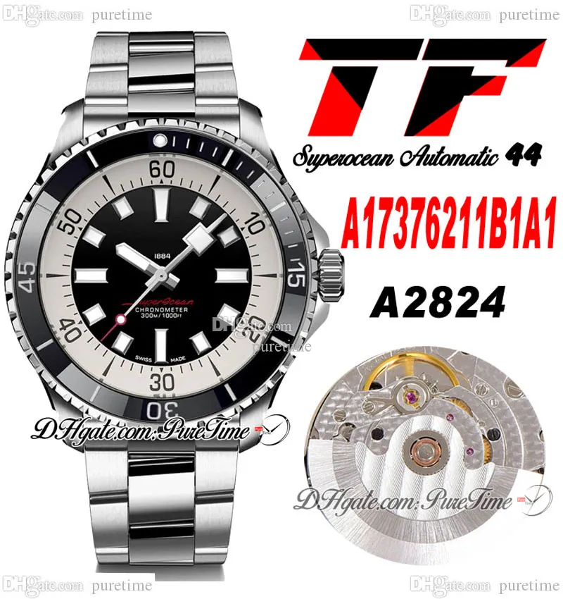 TF Superocean 44 ETA A2824 Otomatik Erkekler İzle A17376211B1A1 Seramik Çerçeve Siyah Beyaz Kadran Stick Paslanmaz Çelik Bilezik Süper Baskı Saatleri Puretime E5