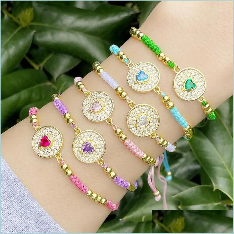 Charm Bracelets Charm Bracelets Candy Color Rope Chain For Women Girls Copper Gold Beads Woven Zircon Heart Rainbow Jewelry Brtf91Ch Dh4Mv