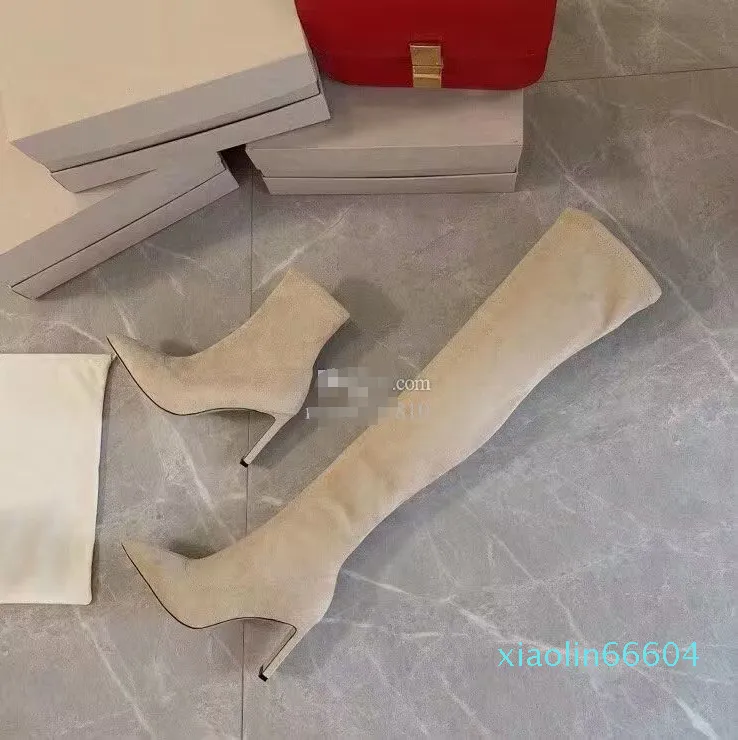 Moda de botas de grife feminina de pernas compridas apontadas sobre o joelho camurça com zíper de salto alto de 8,5 cm