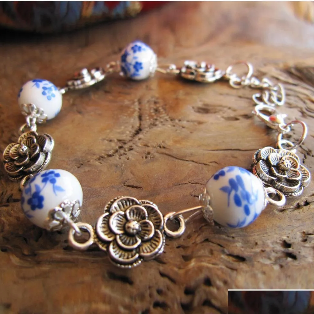 Charm armband porslin folk keramiska armband pärlor blommor handnmade smycken länk kedja charm armband för kvinnor blandar 9färgar grossist dhdih