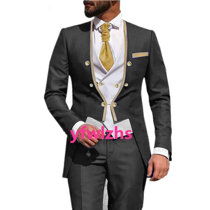 Personnaliser smoking Double-Breasted Beau Mandarin Lapel Groom Tuxedos Hommes Costumes Mariage / Bal / Dîner Homme Blazer Veste Pantalon Cravate Gilet W1198