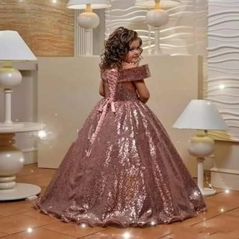 Rose Gold Sequins Flower Girls Dresses Off Shoulder Cap Sleeves First Communion Dress Kids Prom Dress Girls Pageant Gowns