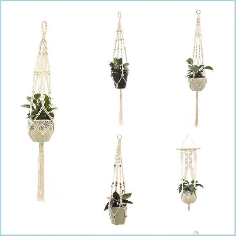 Planters Pots Hanging Flowerpot Net Bag Handmade Cotton Knitting Lifting Rope Balcony Florist Flower Plant Hanger Decoration Drop Dhupa