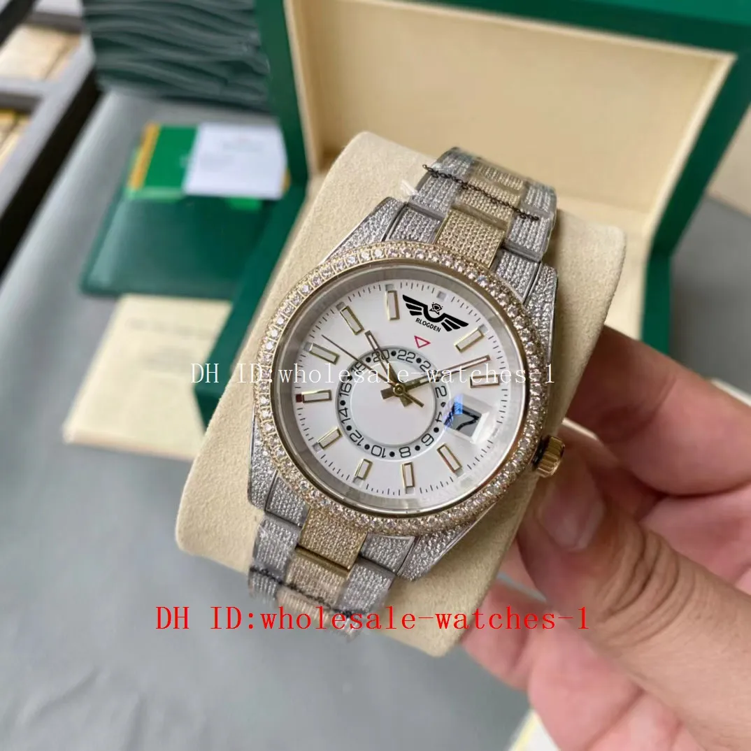 5-gwiazdkowy Super 9 Style Full Diamond Watch Sky-Dweller White Dail dwukolorowa złota stal 42 mm zegarek 326933 Automatyczne 18-karatowe zegarki szafirowe