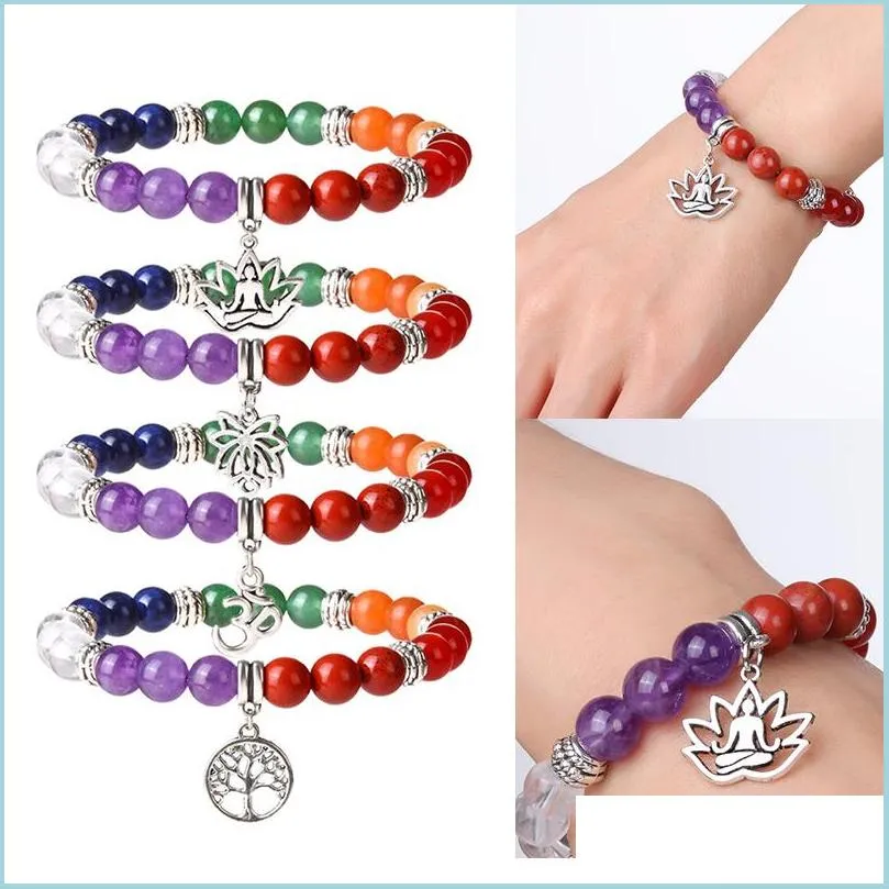 Pulseira de ioga de colora￧￣o de mi￧angas 7 Chakra Power Stone Stone Strands Bracelets curando reiki ora￧￣o para mulheres Drop Ship D DHDCO