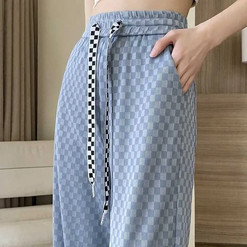 Pantalon femme Capris été à carreaux à carreaux 2022 mode pantalon en soie de glace pour femmes taille haute Style coréen jambe large Palazzo droit Y2211