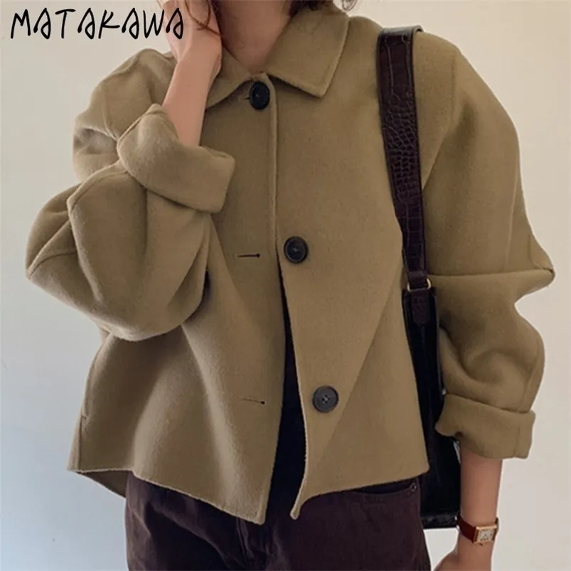 Women's Wool Blends Matakawa Jackets Korean Fashion Vintage Turn Down Collar Casual Loose Puff Sleeve Woolen Short Women Coat Solid Veste Femme 221110