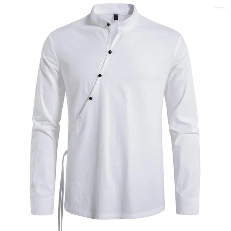 Men's Casual Shirts Linen Retro Oblique Placket Polo Shirt Mans Top Tees Long Sleeve Khaki Black White Summer T For Man European Clothing