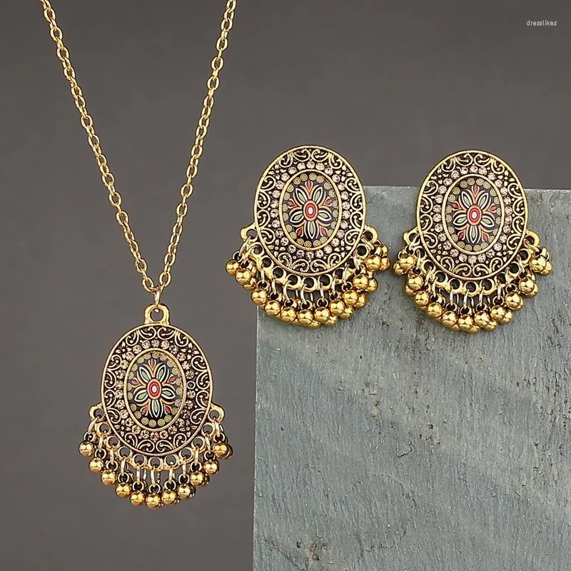 Necklace Earrings Set Ethnic Gold Metal Necklace/Earrings Tibetan India Jewelry Femme Women's Flowe Printed Bells Tassel Vintage