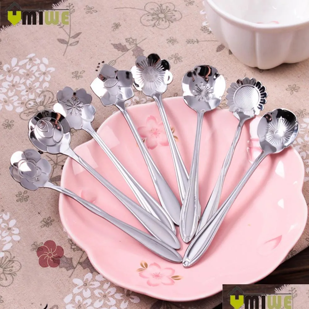 Spoons Tableware Flower Shape Stainless Steel Sugar Sier Tea Coffee Spoon Teaspoons Ice Cream Flatware Kitchen Tool Drop Delivery Ho Dhyqz