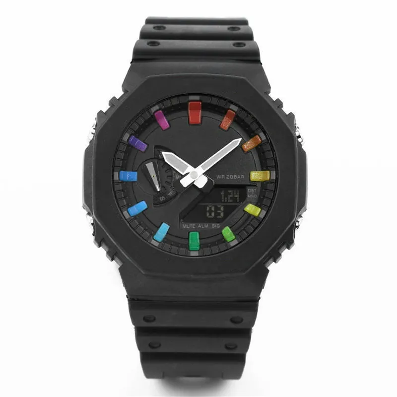 Iced Out Watch Reloj deportivo digital de cuarzo para hombre LED resistente al agua Hora mundial Funciones completas Conjunto extraíble ultrafino de la serie Black Rainbow Oak