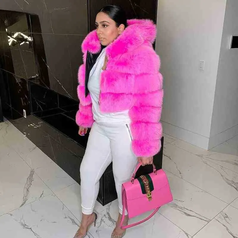 Kadınlar Kabarık Kürklü Kürk Bayanlar Yüksek Kaliteli Kürk Palto Kalın Ceketler Lüks Sahte Kürk Paltolar Sıcak Uzun Kollu Kapşonlu Ceket Y1228