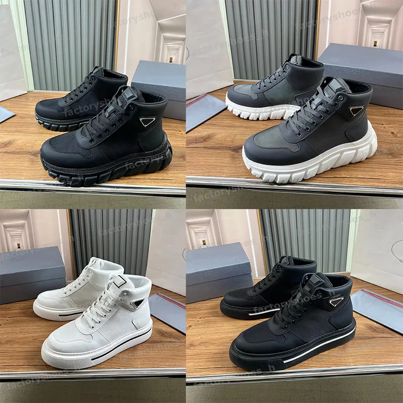 Designers Casual Shoes Men Leather Sneakers Recycled Nylon Trainers Shiny Leather High Top Sneaker Geometric Tread Foam Soles Trainer Platform Shoe