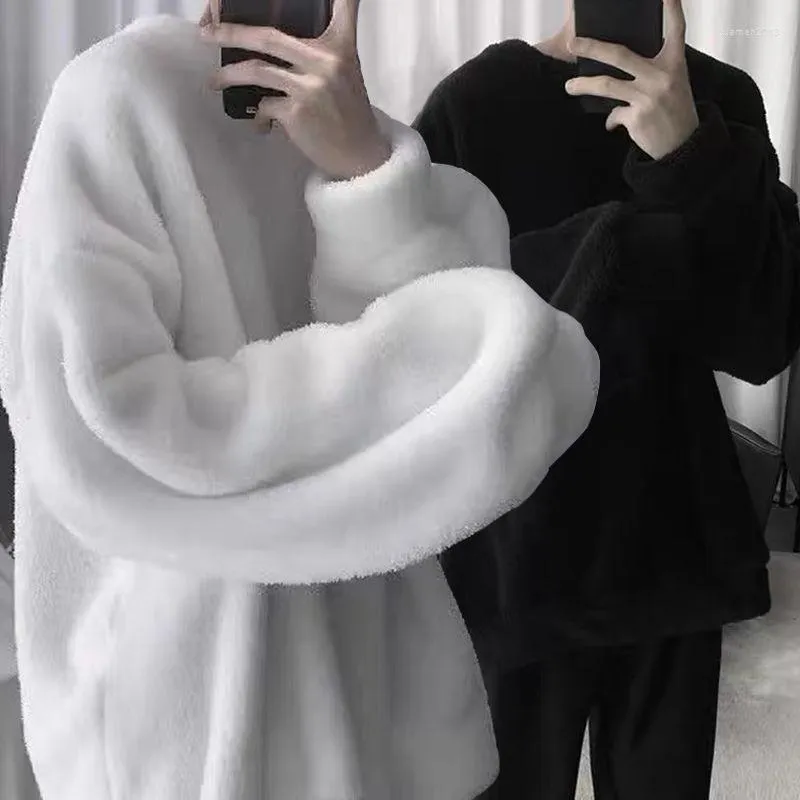 Herrtröjor överdimensionerade tröjor lamm hår kawaii solid o-hals långärmad tröja koreansk mode lös hajuku kvinnor män streetwear