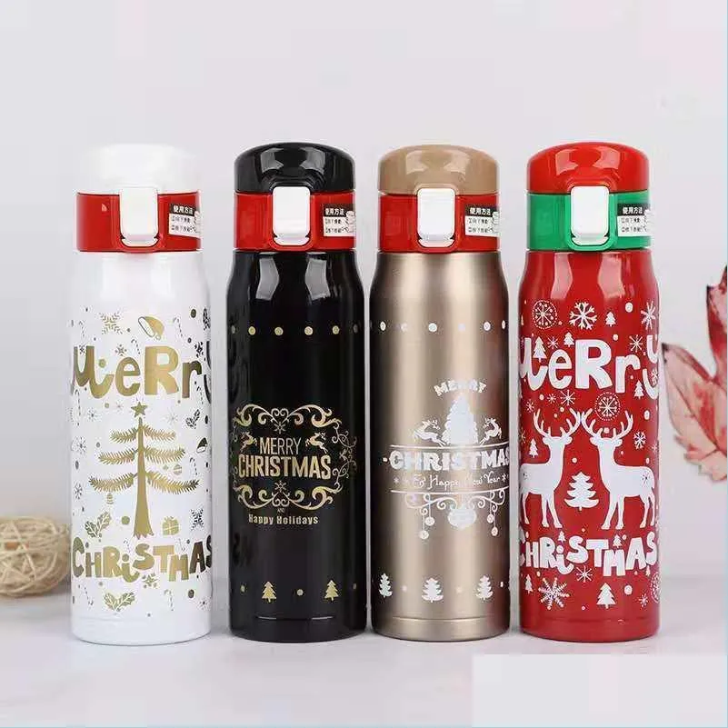 Bottiglie d'acqua Christmas Thermos Cup 500Ml Bicchiere sottovuoto in acciaio inossidabile a doppia parete Xmas Year Bottiglie d'acqua Drop Delivery Home Gard Dhtbk