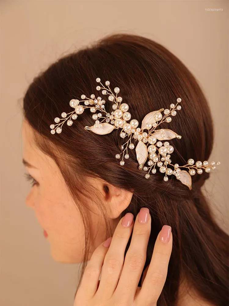 Kopfbedeckungen, trendiger Braut-Kopfschmuck, Perlen-Strass-Haarkamm, Legierungsblatt, Hochzeitsaccessoires für Frauen, handgefertigte Bräute-Tiara