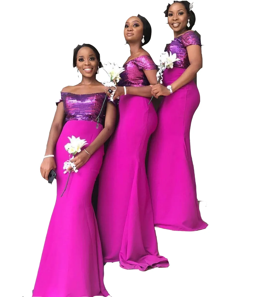Off-Shoulder Fuchsia Sequin Mermaid raspberry pink bridesmaid dresses with Cap Sleeves - Perfect for Weddings and Formal Events