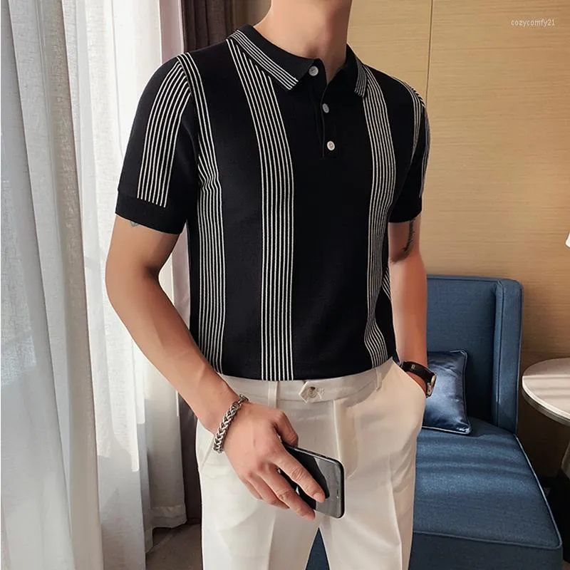 Men's Polos Men Summer Knitted Polo Shirt High Quality Fashion Stripe Hit Color Short Sleeve Lapel Slim Breathable Tee