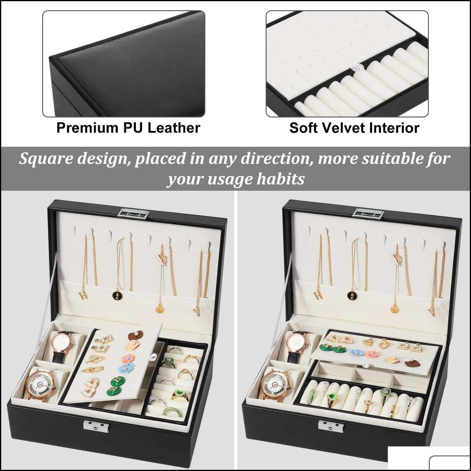 Scatole per gioielli Scatole per gioielli Simboom Box Organizer per donne Ragazze Custodia per uomo grande a 2 strati Custodia in pelle Pu Display per gioielli Hold240Z