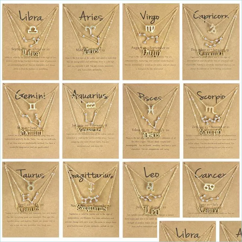 Collane con ciondolo Segni zodiacali Simbolo Lettera Collana con ciondolo Set per le donne 12 Costellazioni Catena a tre strati con clavicola Girocollo Dhgnt