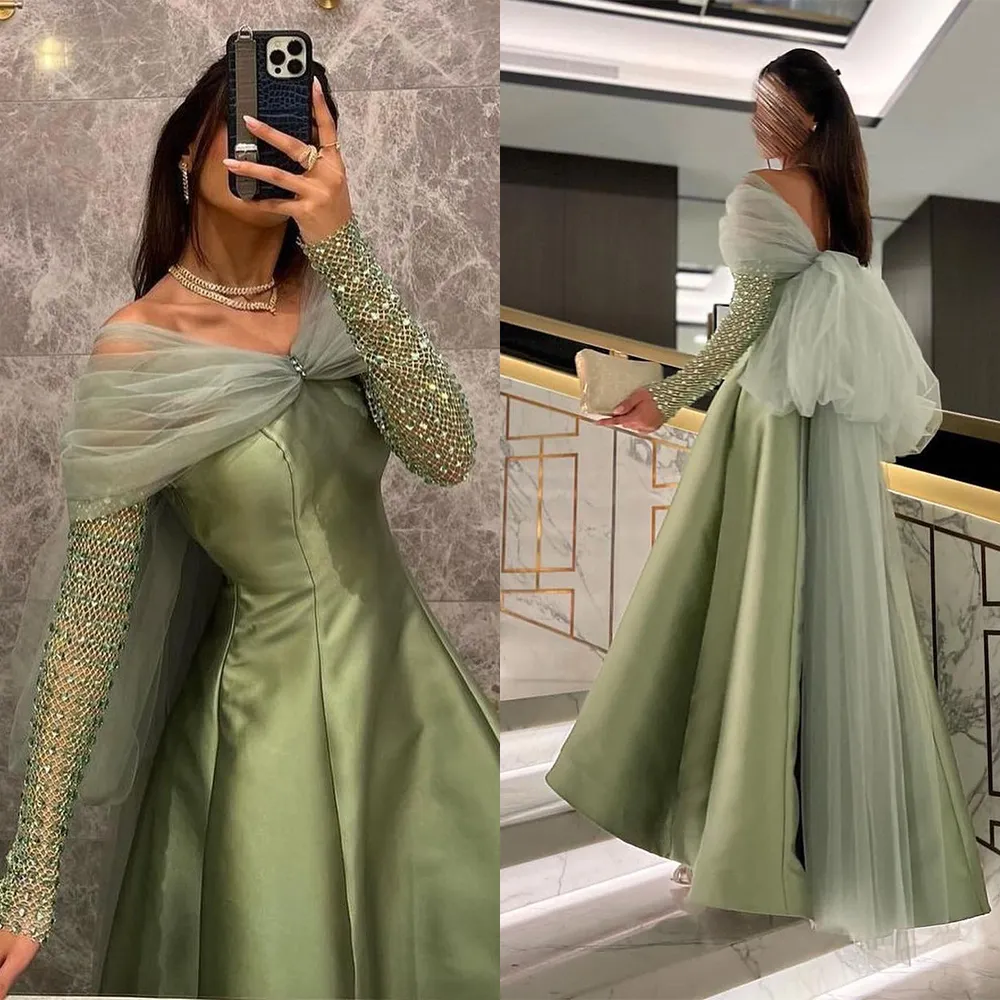 Robes de bal élégantes A-ligne taille haute sur l'épaule manches longues en filet tulle doux avec gros nœud longueur au sol robes de grande taille sur mesure