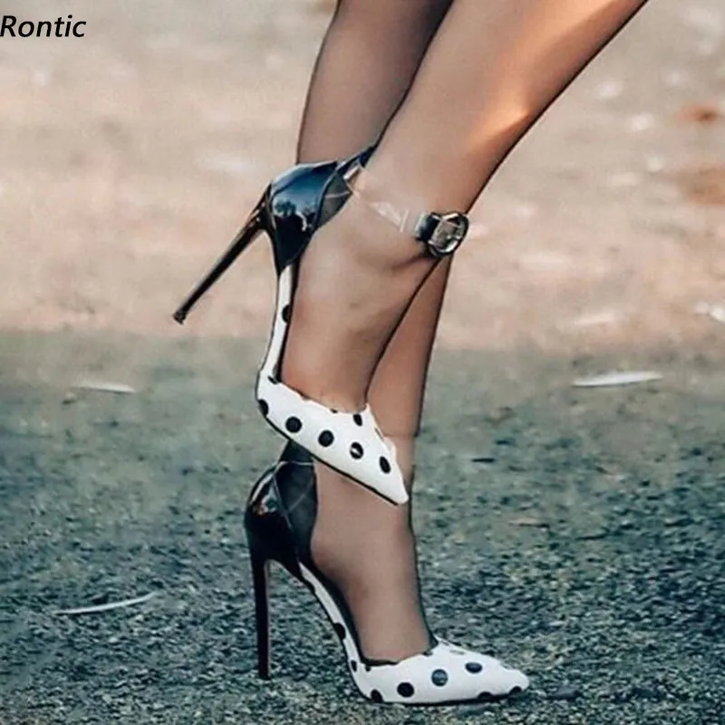 Rontic Vrouwen Pompen Polka Dot Lakleer Gesp Gladiatorschoen Stiletto Hakken Puntschoen Mooie Zwarte Jurk Schoenen Amerikaanse Maat 5-15