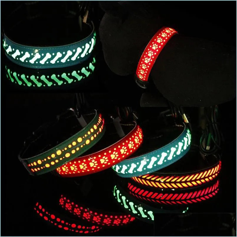 Dog Collars Leashes Night Safety Flashing Glowing Dogs Collars S M L Usb Rechargeable Glow Light Up Nylon Doggy Collar Drop Delive Dho25