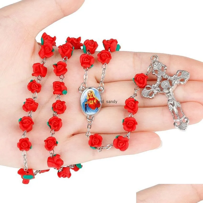 Pendant Necklaces Red Rose Beads Rosary Necklace Christian Cross Soft Y Rosaries Long Necklaces Religious Jewelry For Women Girls Fa Dhkb7