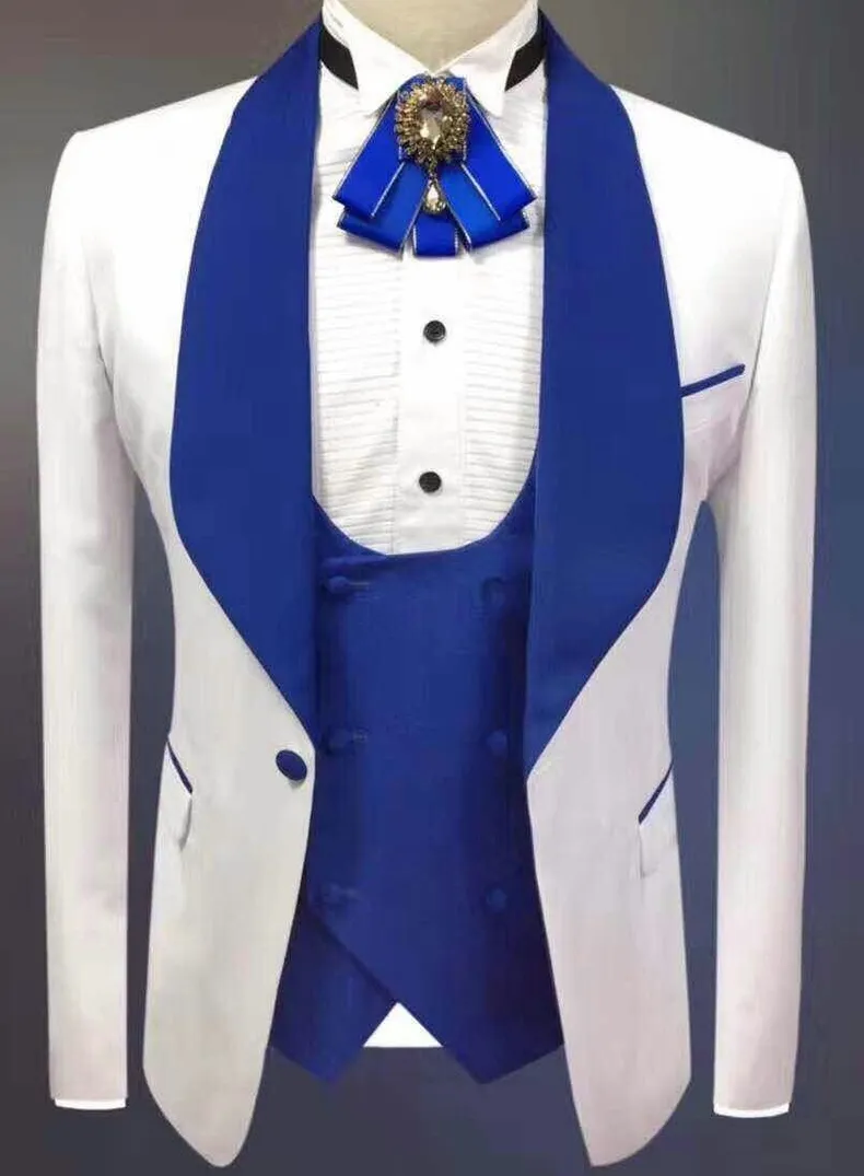 Excellent Tuxedos de marié blanc, revers bleu Royal, coupe cintrée, robe de mariée, veste à la mode pour hommes, Blazer, costume 3 pièces