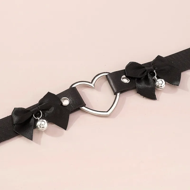 Herz-Choker-Halskette für Frauen und Mädchen, schwarzes Leder, Spikes, Schleife, Chocker-Kragen, Goth-Schmuck, Rave-Festival-Accessoires