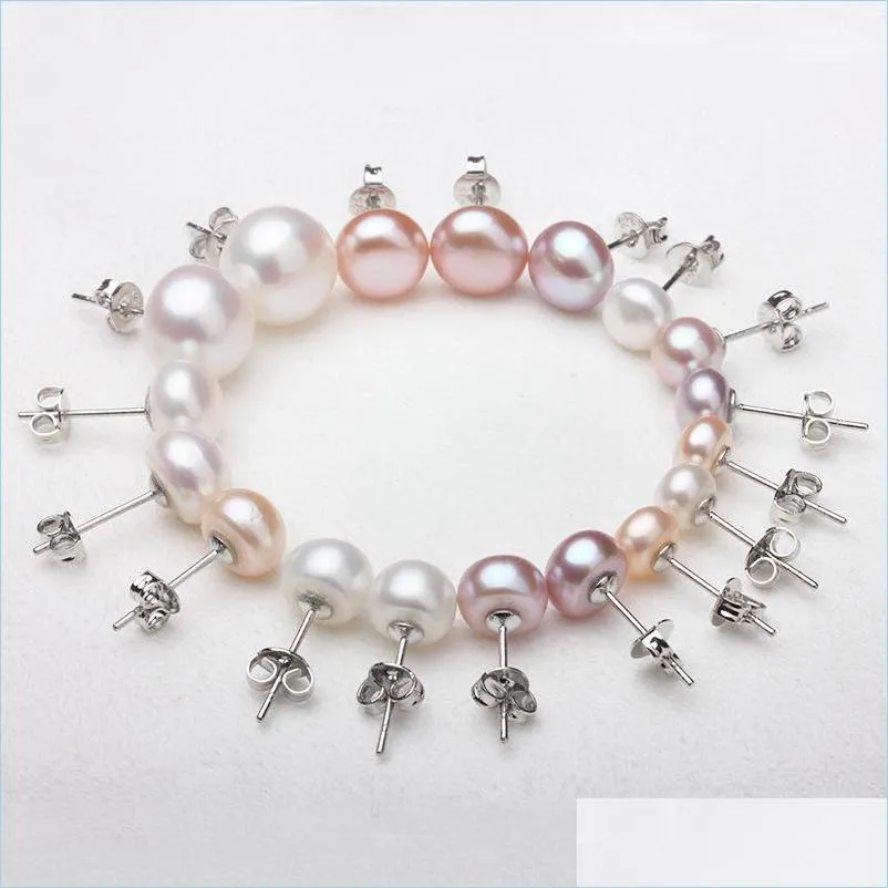 Stud 6 8 10 12 mm Brincos naturais de p￩rola de ￡gua doce 925 Sier Pearls Anti -alergia Ear Earings For Women Drop Delivery Jeia Dhtyk