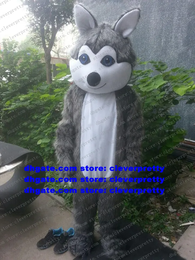 Long Fur Furry Grey Wolf Mascot Costume Husky Dog Fursuit Vuxen Tecknad karakt￤rsdr￤kt PROMOTION PUNKTER Foto Session ZX417