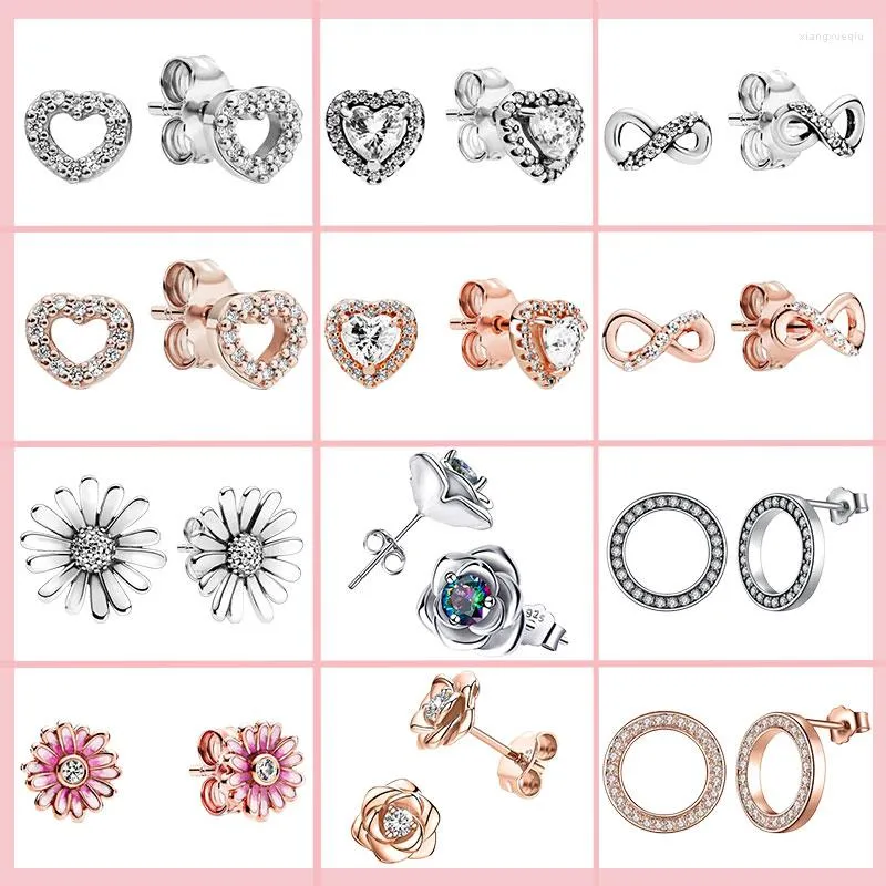 Stud-oorbellen 925 Sterling Silver Hart-vormige Rose Daisy-serie Earring voor vrouwen Fit Original Brand Charms Sieraden Maken Gift