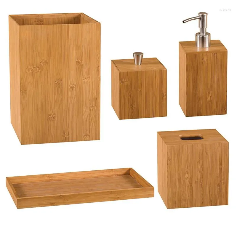 Banyo aksesuar seti 5pcs/set bambu ahşap banyo lüks temeller diş fırçası tutucu şişe aile aksesuarları diş macunu dağıtıcı