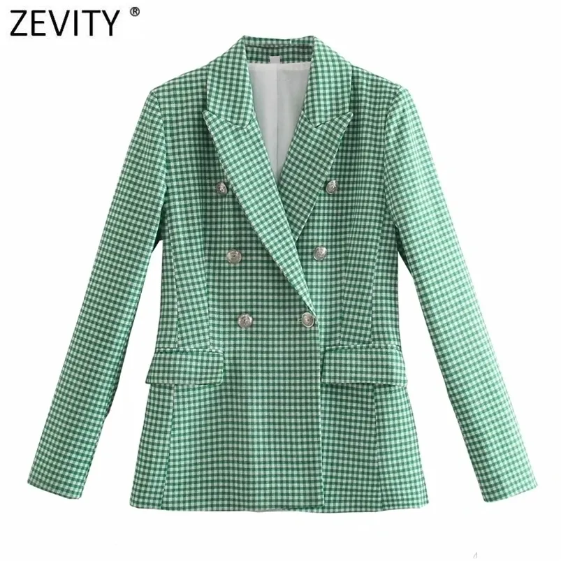 Women's Suits Blazers Zevity Women Vintage Green Pink Houndstooth Plaid Print Blazer Coat Office Ladies Double Breasted Outerwear Chic Slim Tops CT726 221110