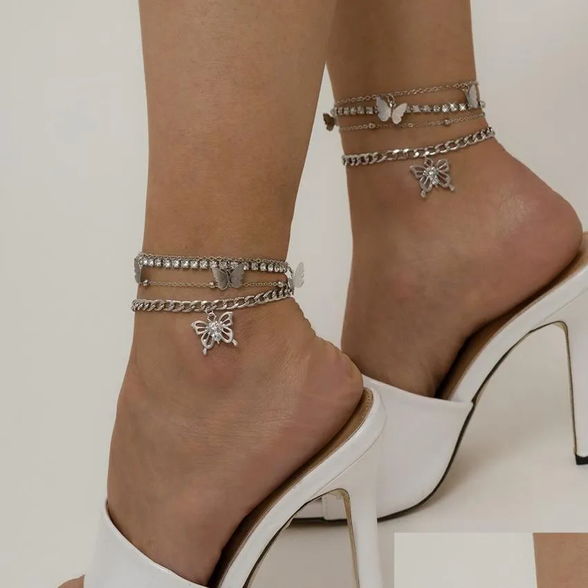 Enklets Charm Sier Gold Chain Tennis Anklets Bracelet voet Mtilayer Crystal Butterlfy Anklet for Women Summer Fashion Jewelry zal een DHVCU