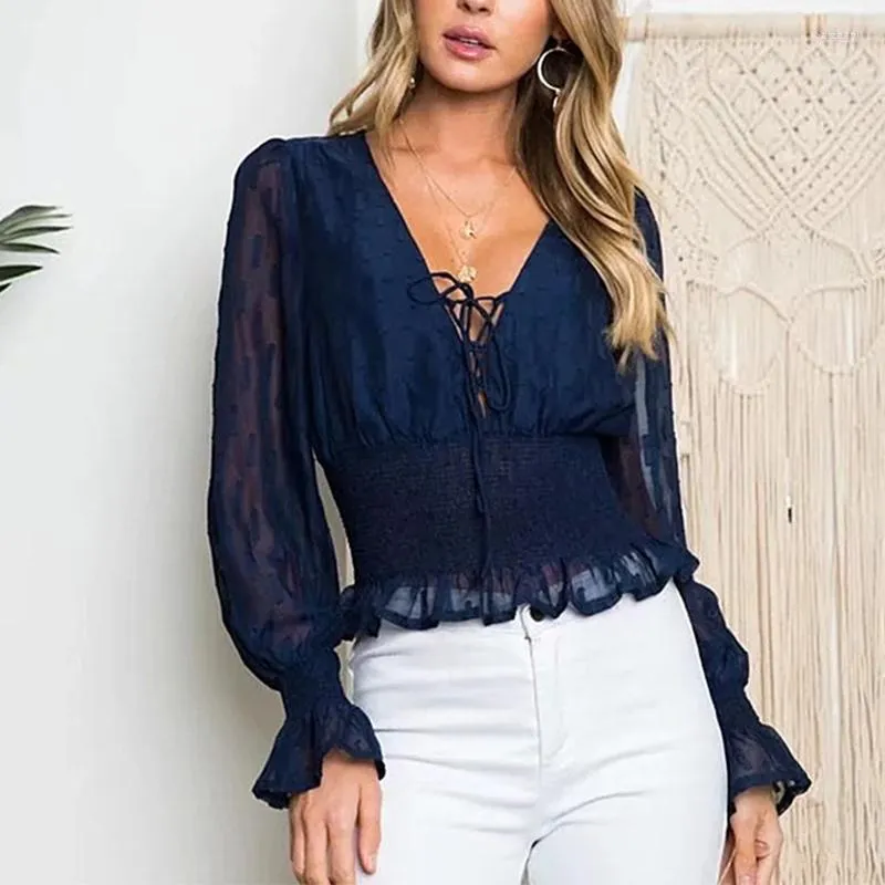 Women's Blouses Deep V-Neck Drawstring Dames Blouse Long Puff Sleeve Elastische taille Chiffon voor vrouwelijke 2022 Sexy Ruffles Ins Crop Tops