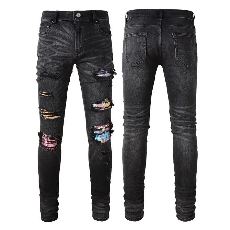 Jean en denim stretch multi-patchs noir pour homme usé trou coupe slim jambe