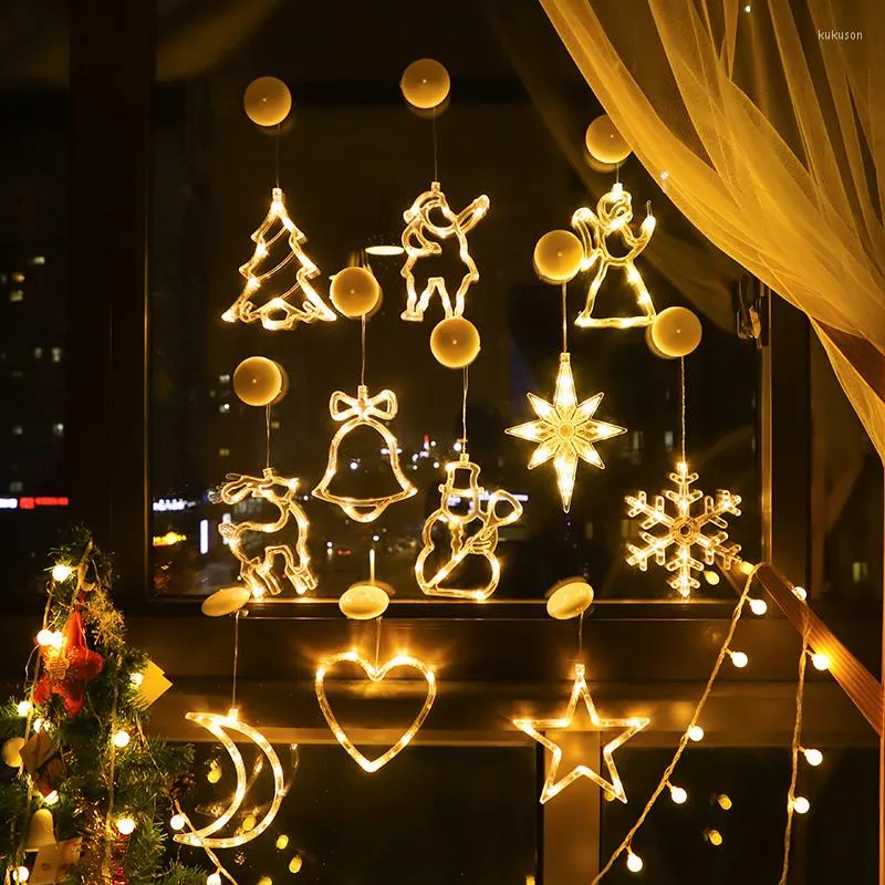 زينة عيد الميلاد LED ضوء الثلج ندفة السانتا الغزلان شنقا مصباح المصباح نافذة الزخارف الزخارف للمنزل Navidad 2023 ديكور سنة