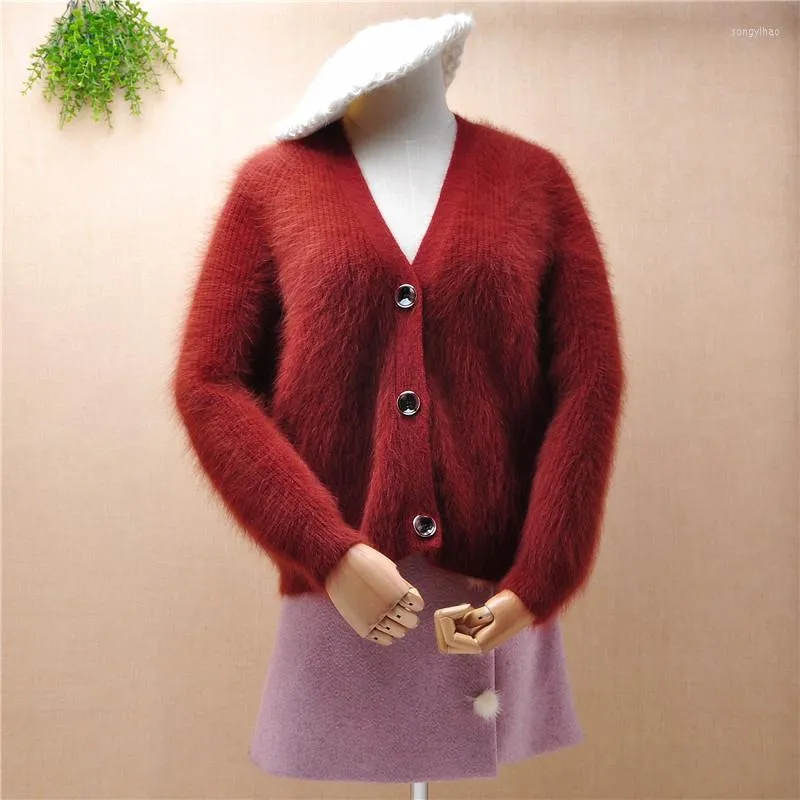 Puntos de las mujeres Señoras Mujeres Moda Vino Hairy Mink Cashmere Escote en V profundo Mangas largas Chaquetas cortas Chaqueta de invierno de piel de angora Abrigo Suéter