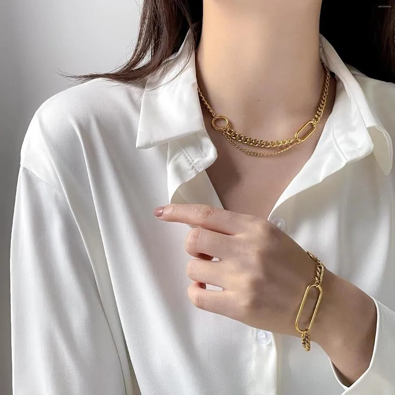Kedjor geometrisk skarvning miami kubansk kedja rostfritt st￥l halsband armband f￶r kvinnor cirkel p￥ sp￤nne choker party smycken