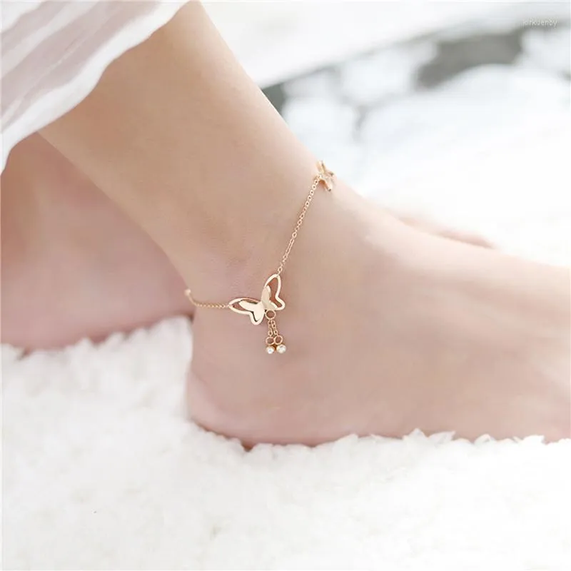 Anklets fjäril rosguld färg hänge fotkedja sommar tofs rhinestone strandben armband handgjorda anklet smycken