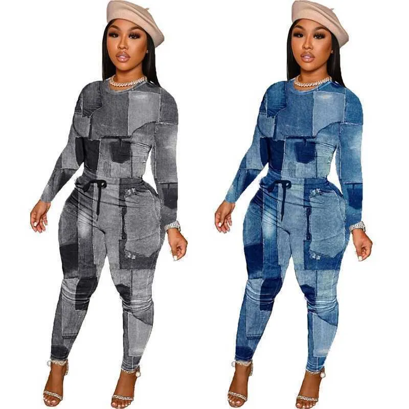 Retail Imitation Denim Print Women Two Piece Pants Set Fall And Winter Casual Pocket Two Piece Jogger Outfits